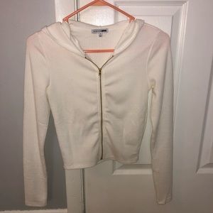 FASHION NOVA white crop ribbed hoodie with gold zipper size small